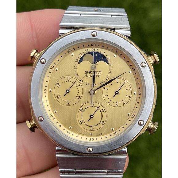 Vtg 7a48-7010 Seiko Chronograph Rare Orig. Bracelet Chrono Repair Moon Phase JDM - Picture 2 of 12